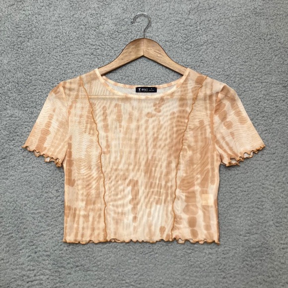 Very J Tops - Y2K Very J Mesh Crop Top Women S Warm Tan Tie Dye Sheer Lettuce Hem Short Sleeve